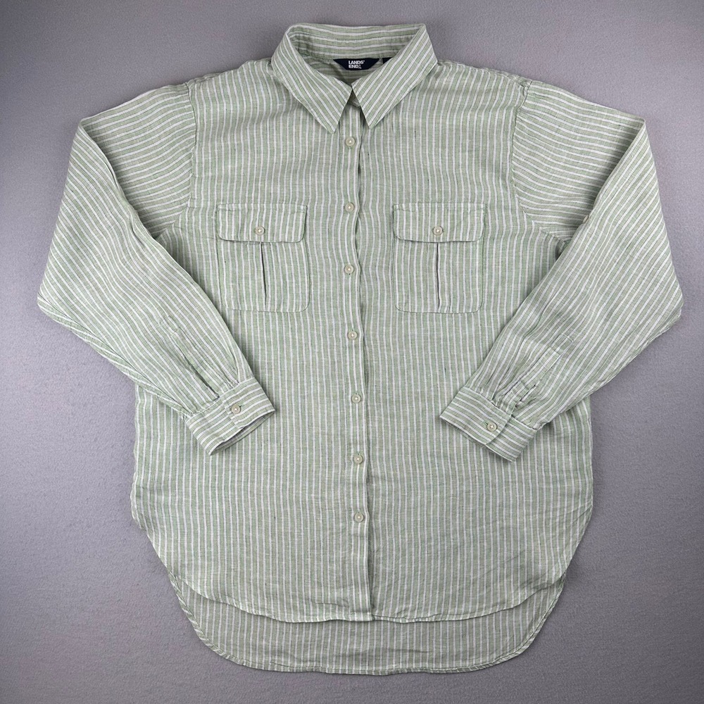 Lands' End Button Down Shirt Womens L Tall Green Striped Linen Long Sleeve Tall